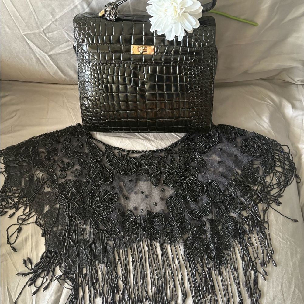 Black Crocodile Embossed Handbag and Beaded Fringe Collar Shawl
